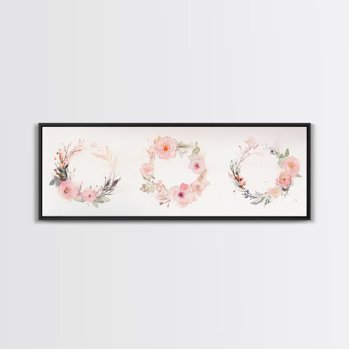 Wildflower Wreath Painting Framed Canvas Print in Pastel Pink and Green, Vertical Rustic Farmhouse Artwork, Botanical Gift Idea