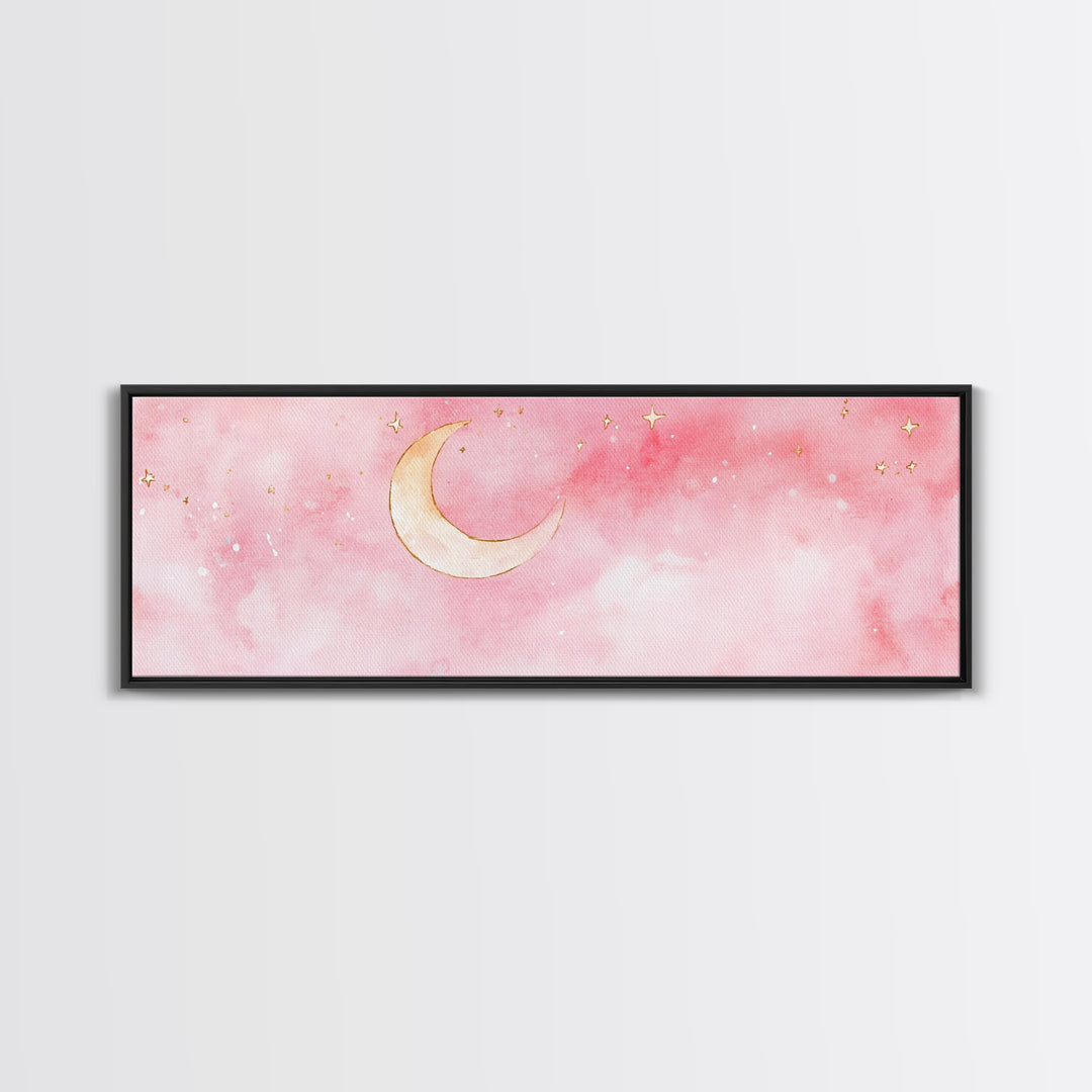 Crescent Moon Canvas Print Light Pink Wall Art Whimsical Night Sky Decor Bedroom Artwork Minimalist Boho Dreamy Gift Idea
