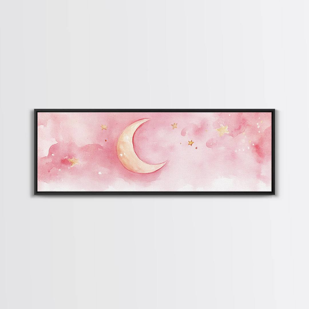 Crescent Moon with Stars Painting, Canvas Print, Light Pink Whimsical Wall Art, Nursery Aesthetic Artwork, Minimalist Cozy Decor