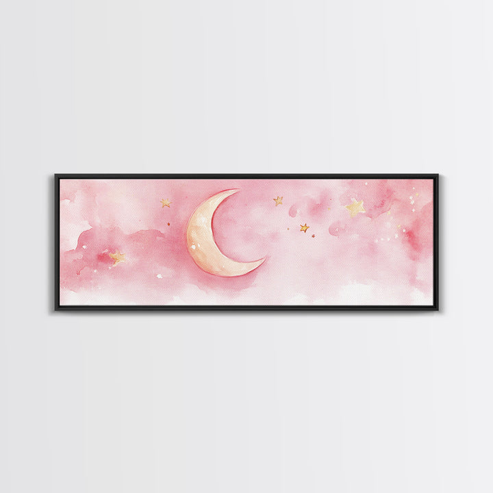 Crescent Moon with Stars Painting, Canvas Print, Light Pink Whimsical Wall Art, Nursery Aesthetic Artwork, Minimalist Cozy Decor