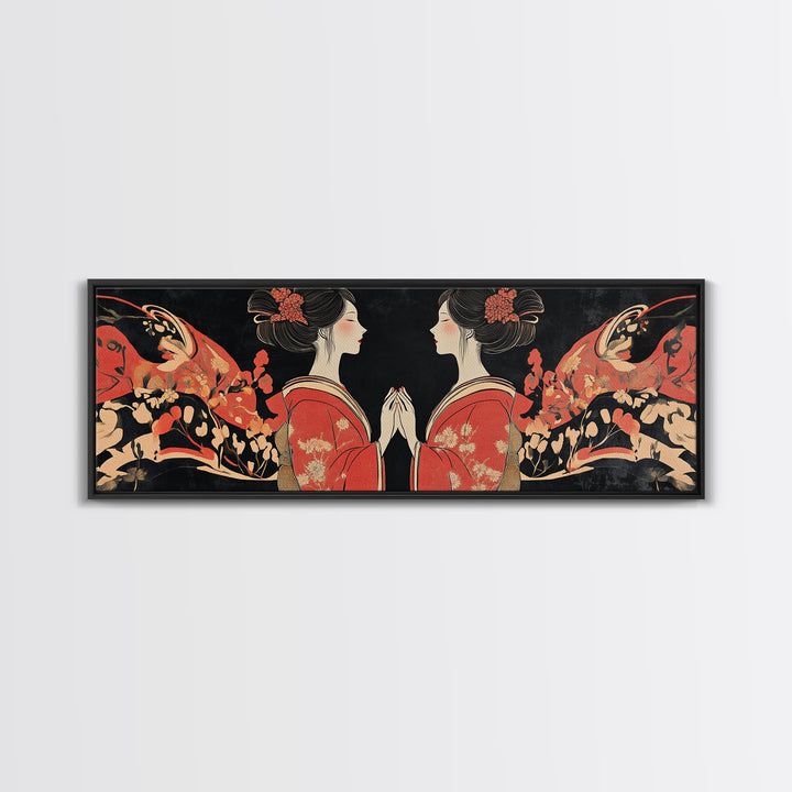 Elegant Geisha Framed Canvas Print Chinoiserie Art Nouveau Print Japanese Zen Art Gift Idea for Her Bedroom Living Room Wall Decor