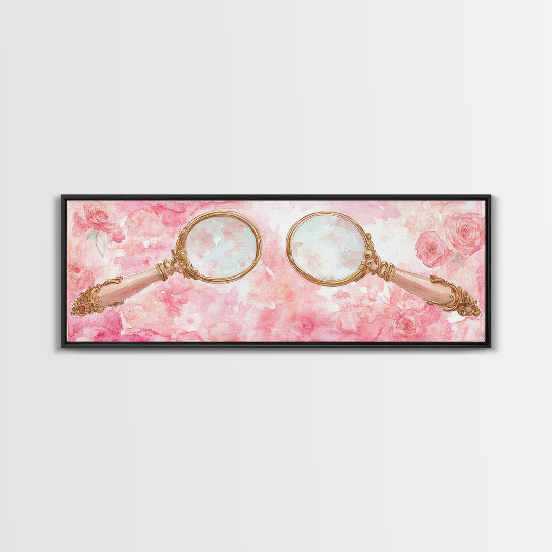 Antique Magnifying Glass Canvas Print, Rose Painting with Vintage Romantic Vibes, Rustic Farmhouse Wall Art, Guest Room Decor
