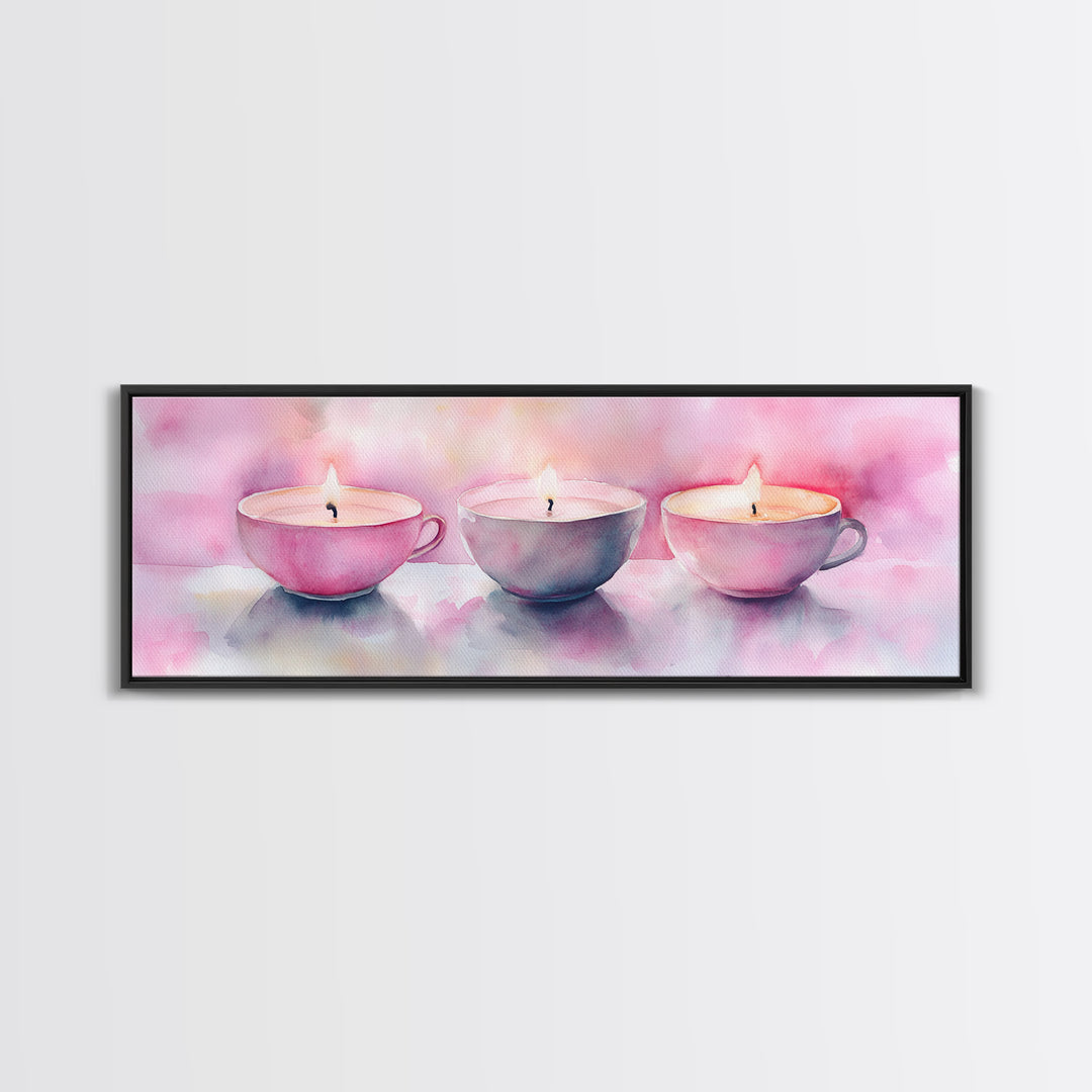 Candlelight Framed Canvas Print, Cozy Pastel Teacup Candles Art, Light Pink Wall Decor, Bedroom or Dining Room Whimsical Artwork