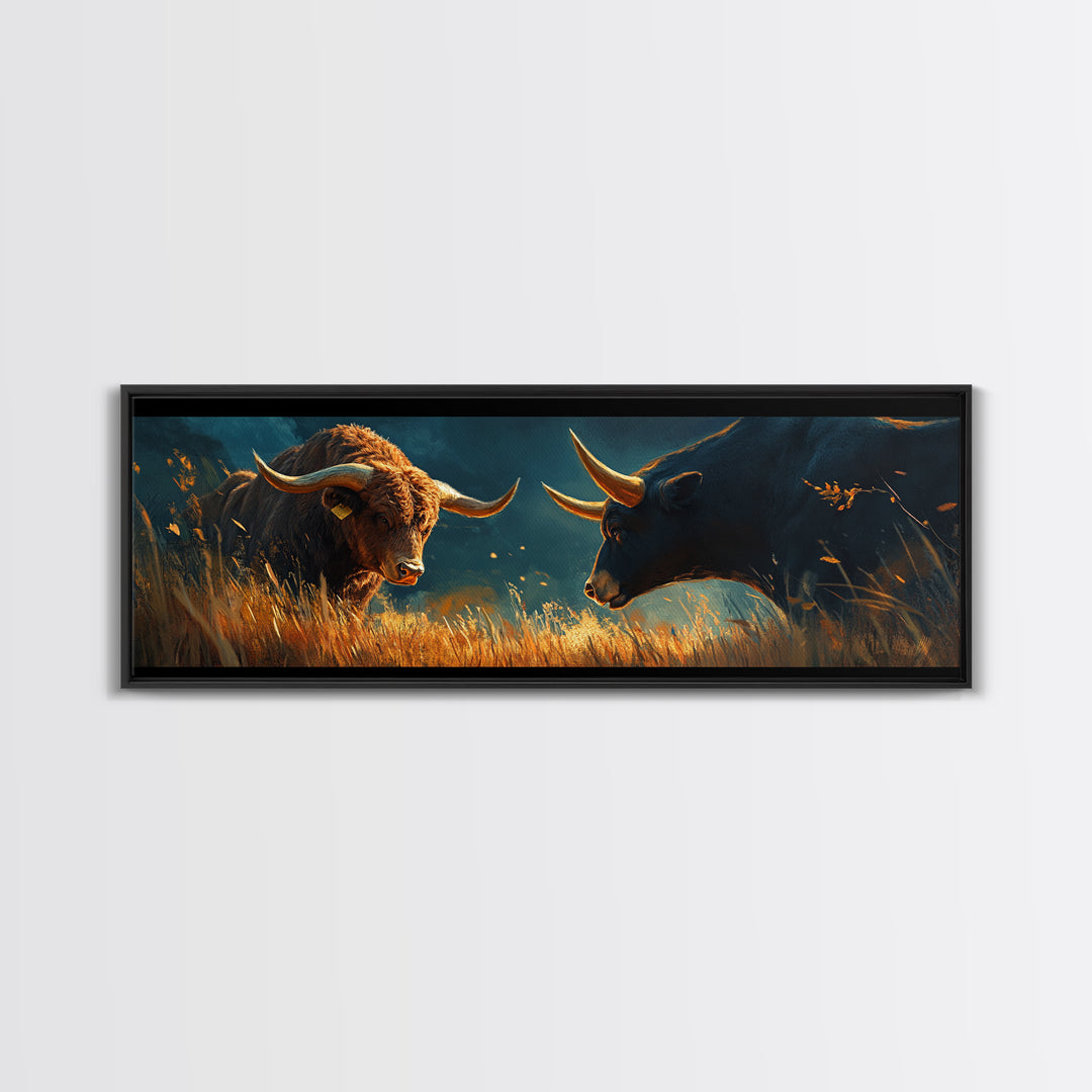 Rustic Bull Showdown Canvas Print - Dramatic Autumn Landscape Art, Industrial Wall Decor, Moody Living Room Accent, Gift Idea For Him