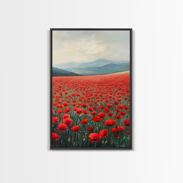 Scenic Poppy Field Framed Canvas Print, Rustic Landscape Painting, Bedroom Art, Farmhouse Wall Decor, Extra Wide Rustic Art