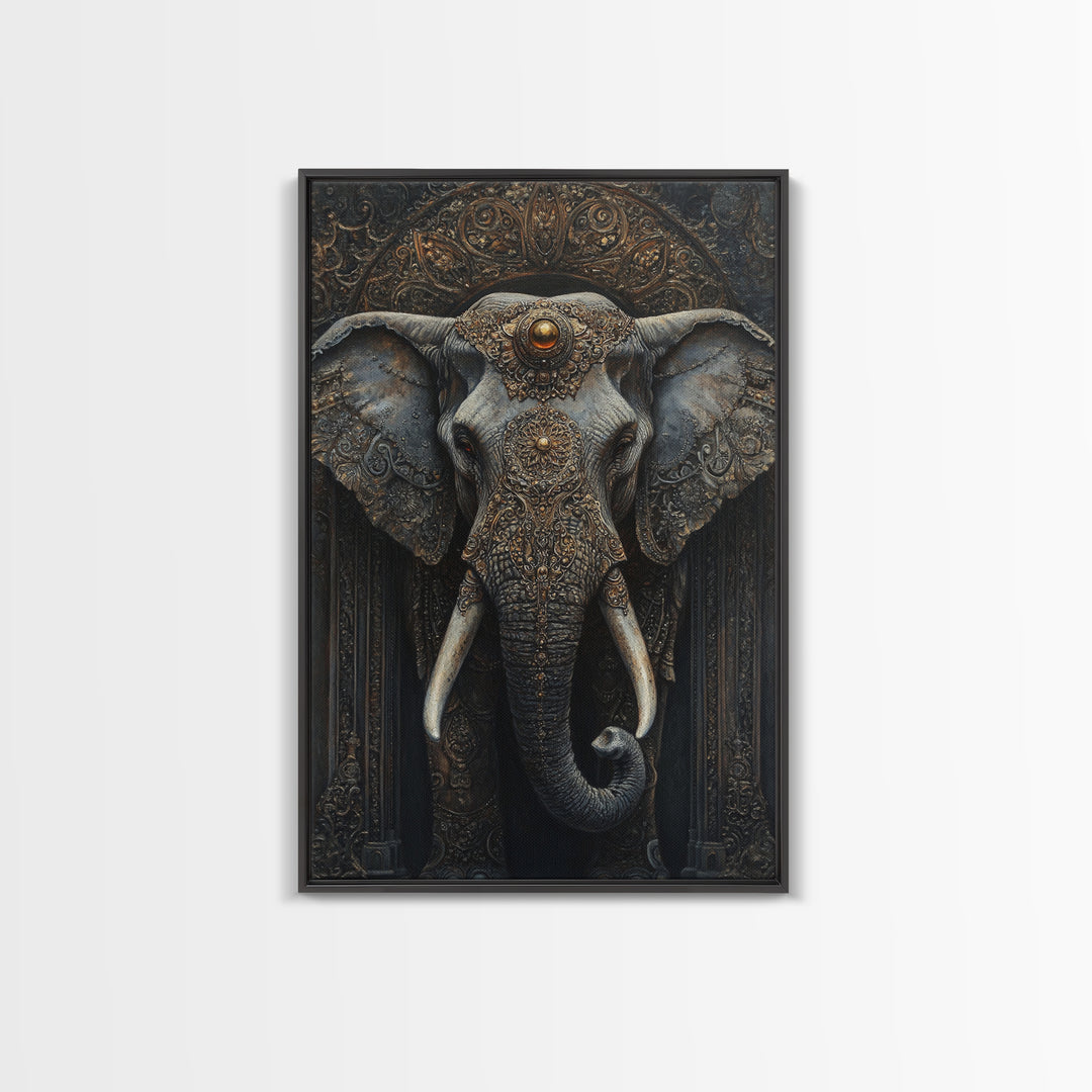 Ornate Elephant Kerala Mural Framed Canvas Print – Ganesh Wall Art, Sacred Geometry Art, Indian Inspired Decor Rustic Living Room Art