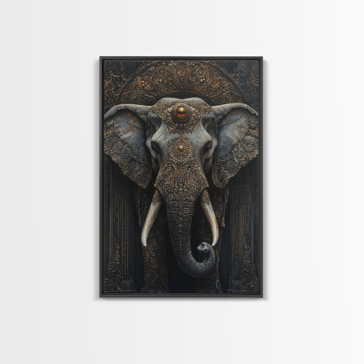 Ornate Elephant Kerala Mural Framed Canvas Print – Ganesh Wall Art, Sacred Geometry Art, Indian Inspired Decor Rustic Living Room Art