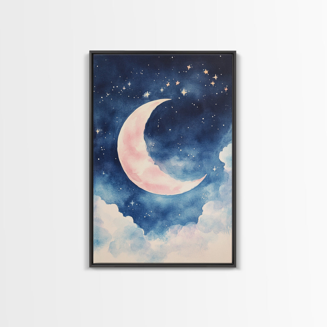 Crescent Moon Painting Canvas Print Bedroom Art Moody Night Sky Painting Above Bed Wall Art Whimsical Art Gift Idea Light Decor