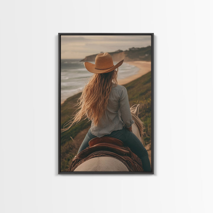 Coastal Cowgirl Riding Canvas Print Horse and Ocean Landscape Art Rustic Decor Western Inspired Framed Art Bedroom Living Room Gift