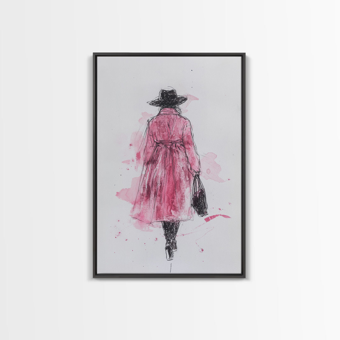 Woman in Coat Framed Canvas Print Light Pink Wall Art Moody Minimalist Fashion Illustration Rustic Aesthetic Unique Gift Idea