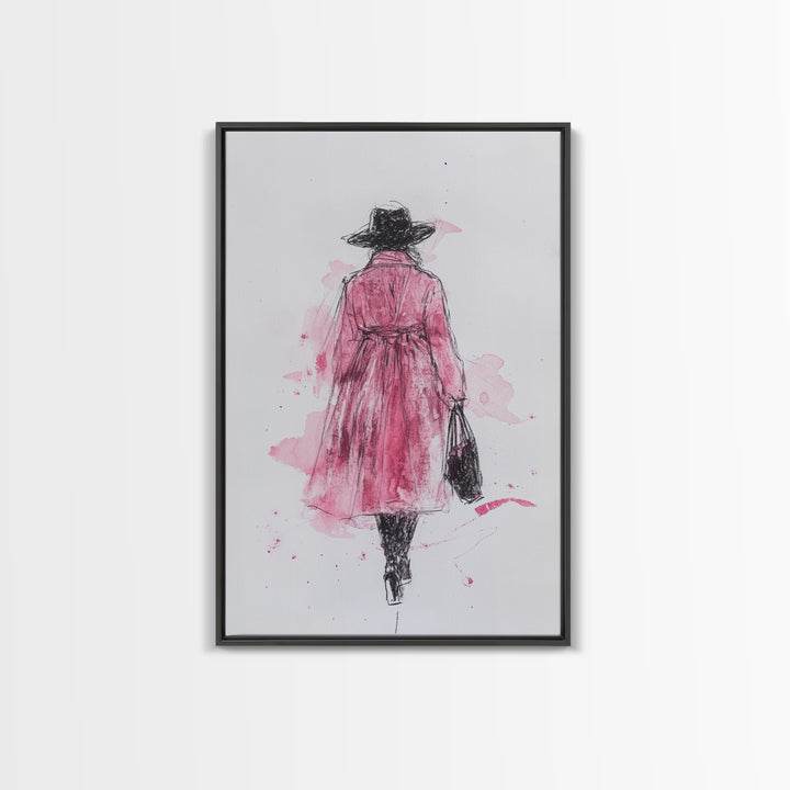 Woman in Coat Framed Canvas Print Light Pink Wall Art Moody Minimalist Fashion Illustration Rustic Aesthetic Unique Gift Idea