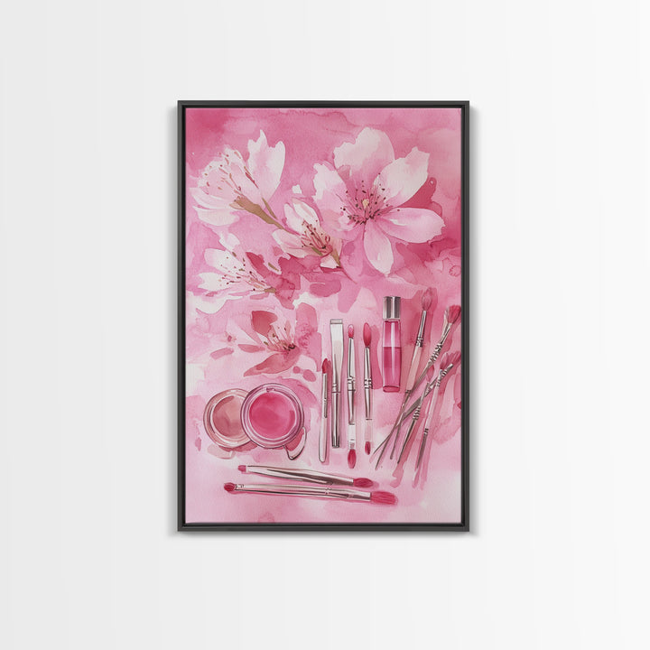 Cherry Blossom Canvas Print Featuring Makeup and Brush Theme Perfect Whimsical and Light Pink Wall Art Bedroom or Bathroom Decor