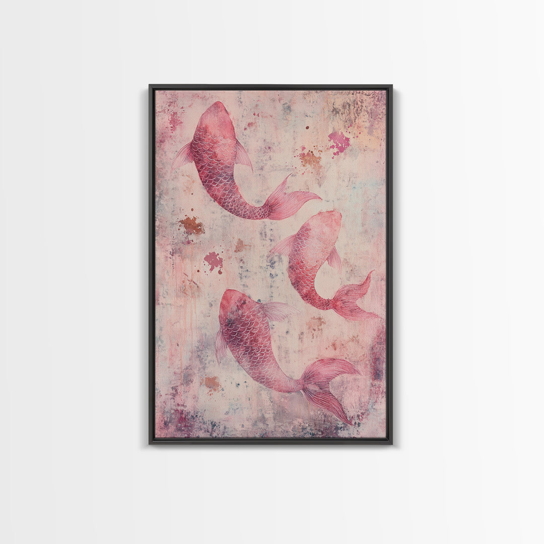 Artistic koi fish painting with framed canvas print, pink abstract art, light pink wall art, gift idea, moody art above bed decor