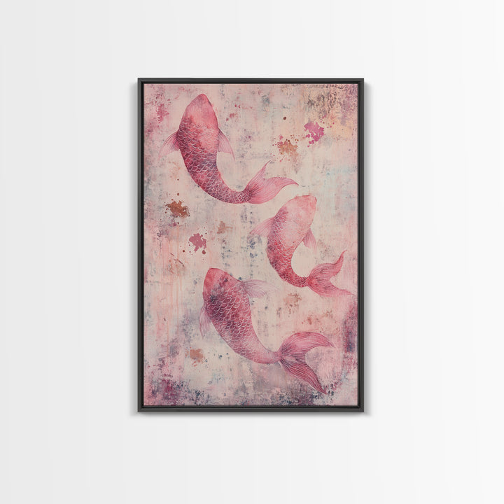 Artistic koi fish painting with framed canvas print, pink abstract art, light pink wall art, gift idea, moody art above bed decor