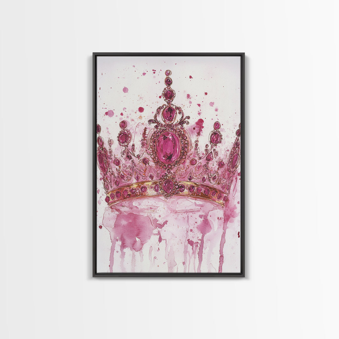 Regal jeweled crown painting featuring framed canvas print, moody art, pink wall art for dorm, unique goddess art print decor