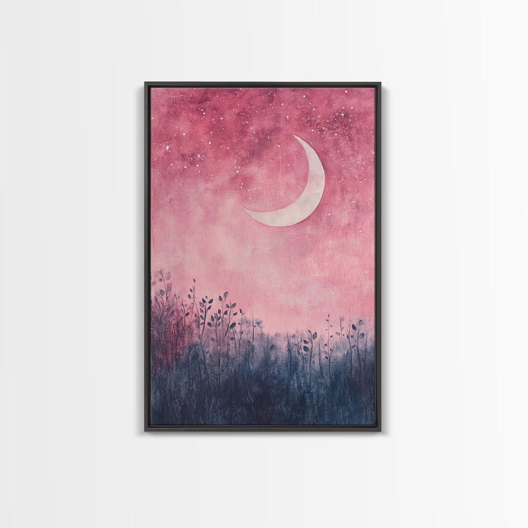 Crescent moon painting on framed canvas print, moody art, pink abstract art, cherry blossom painting, vertical wall art decor