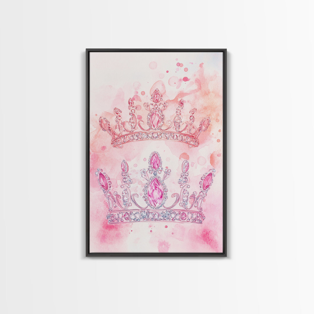 Twin jeweled crown painting featuring framed canvas print, whimsical art, light pink wall art, goddess art print, gift idea decor