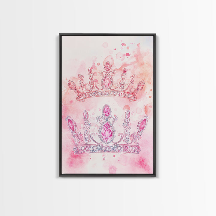 Twin jeweled crown painting featuring framed canvas print, whimsical art, light pink wall art, goddess art print, gift idea decor