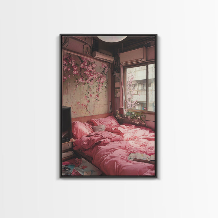 Cherry Blossom Dream Framed Canvas Print Light Pink Japanese Inspired Bedroom Art Cozy Home Floral Wall Decor Feminine Artwork Gift