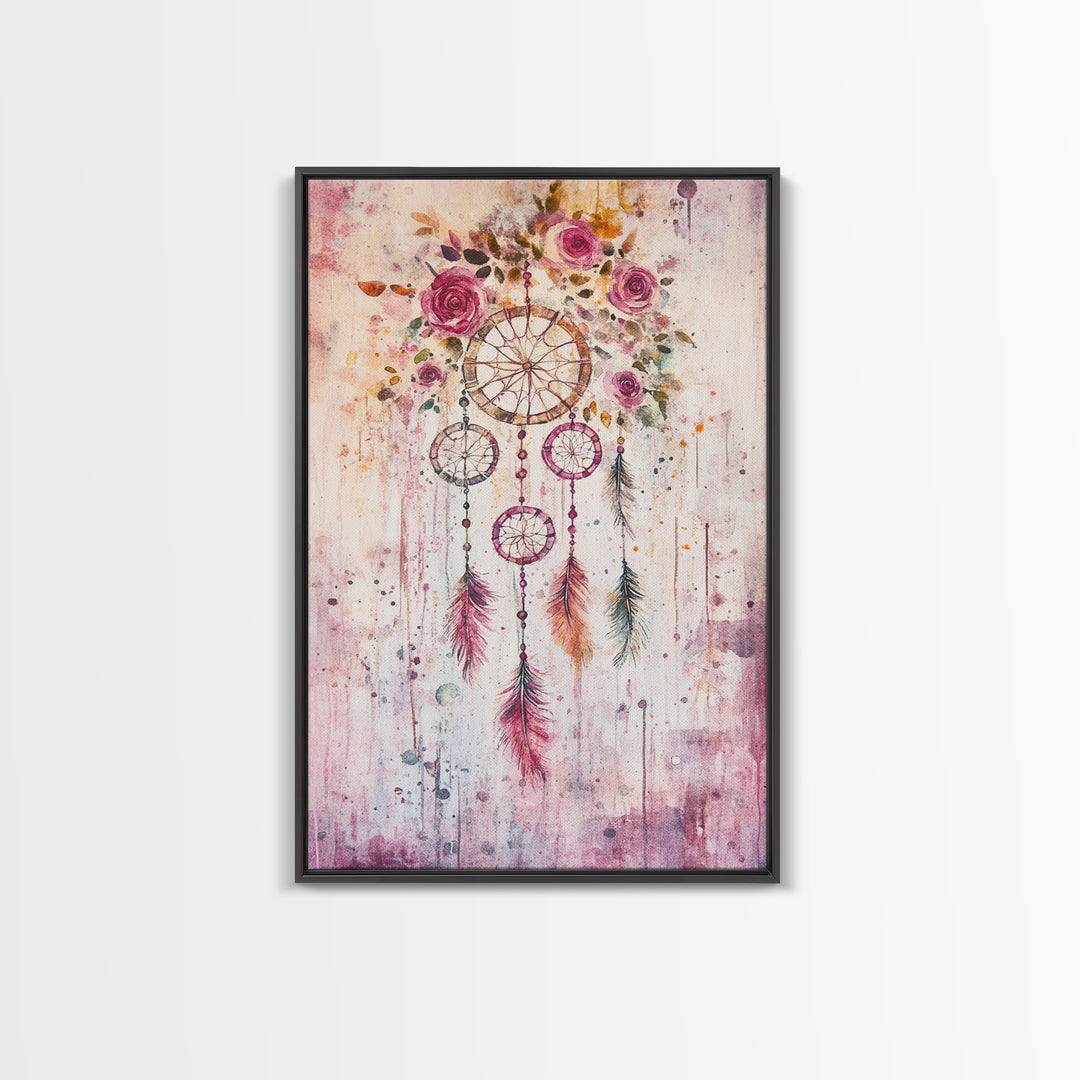 Dreamcatcher with Roses Framed Canvas Print Boho Bedroom Art Botanical Prints Pink Wall Art Light Pink Home Decor Wildflower Painting