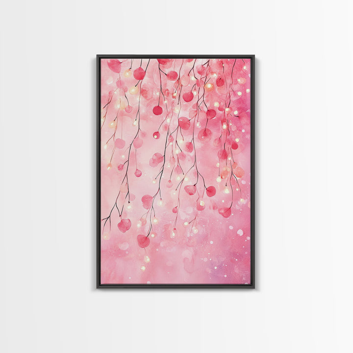 Cherry Blossom Lights Canvas Print Romantic Bedroom Art Cherry Wall Art Light Pink Wall Art Living Room Art Boho Home Decor