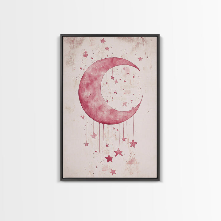 Crescent Moon and Stars Framed Canvas Print Mystical Boho Art Zen Wall Art Light Pink Wall Art Bedroom Art Dreamy Night Sky Decor