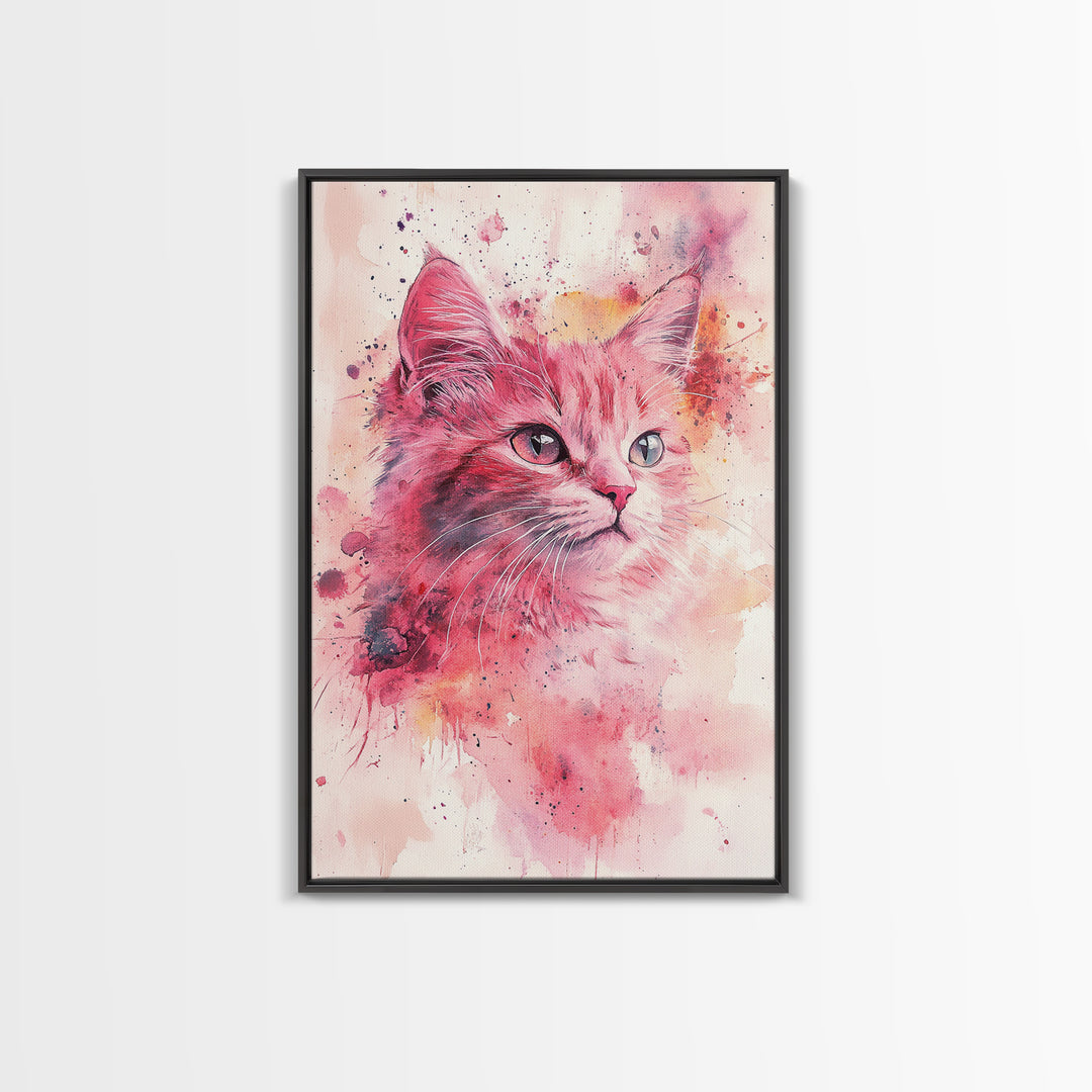 Pink Cat Portrait Canvas Print, Whimsical Art, Feline Wall Art, Light Pink Wall Art, Bedroom Art, Artistic Decor, Gift Idea for Cat Lovers