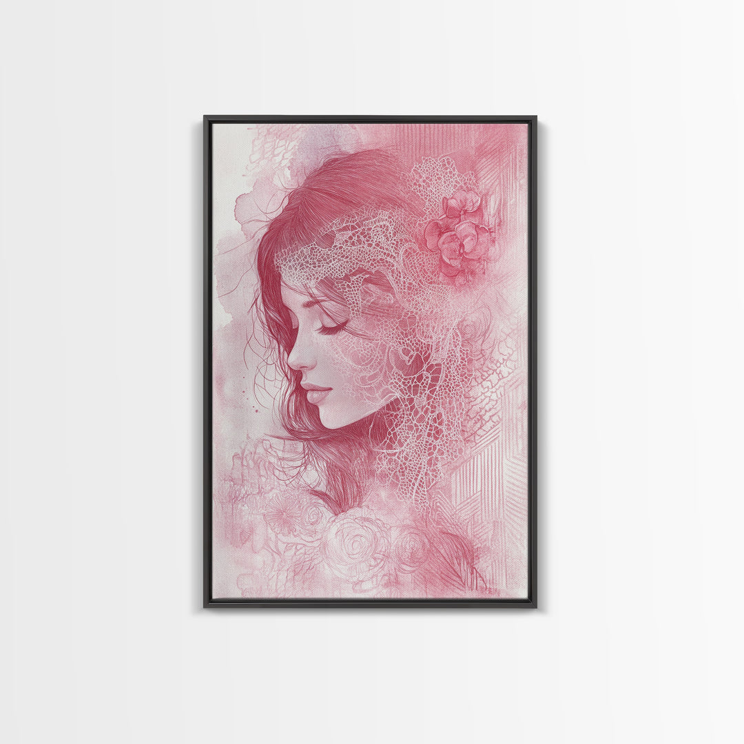 Romantic Portrait Framed Canvas Print Featuring Angels Wall Art Pink Abstract Art Elegant Bedroom Living Room Boho Aesthetic