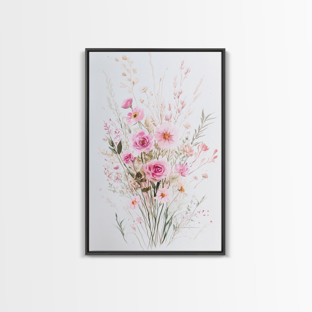 Elegant Pink Bouquet Framed Canvas Print Featuring Wildflower Painting Light Pink Wall Art Cottagecore Aesthetic Farmhouse Artwork