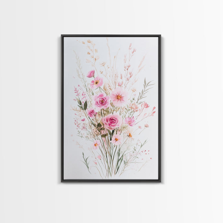 Elegant Pink Bouquet Framed Canvas Print Featuring Wildflower Painting Light Pink Wall Art Cottagecore Aesthetic Farmhouse Artwork