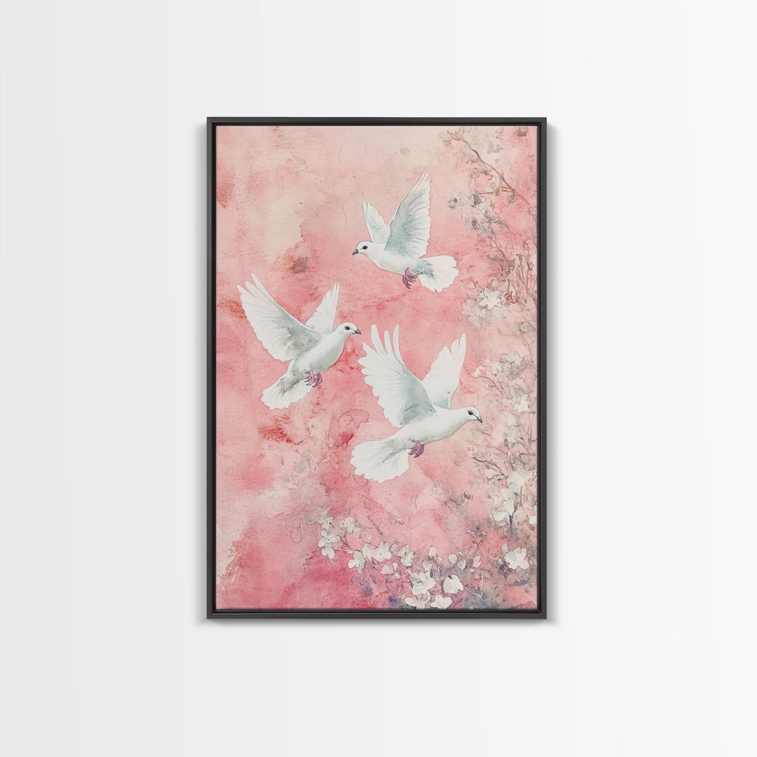 Cherry Blossom Art with Peaceful Doves Framed Canvas Print, Angelic Bird Art Pink Decor, Whimsical Bedroom or Living Room Gift