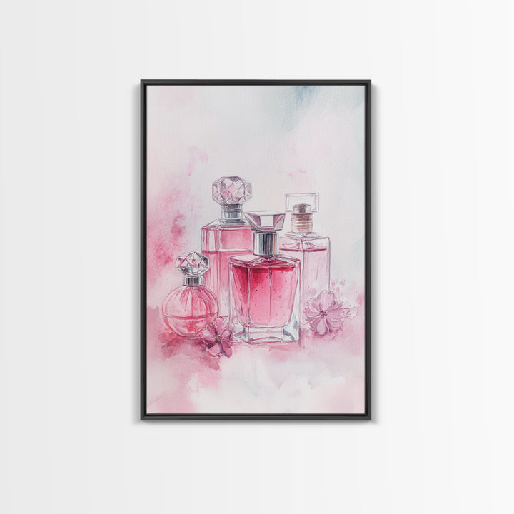 Elegant Pink Perfume Bottles Framed Canvas Print, Feminine Bathroom Art Light Pink Decor, Whimsical Gift Idea for Her Room