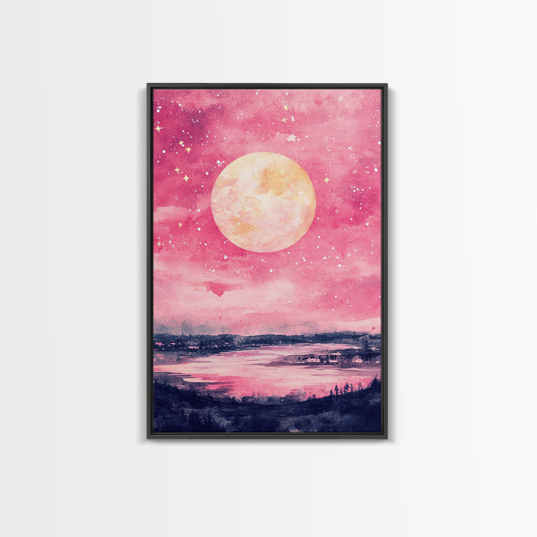 Moonlit Sky over Lake Framed Canvas Print, Pink Night Landscape Painting Coastal Wall Art, Minimalist Bedroom or Guest Room Decor