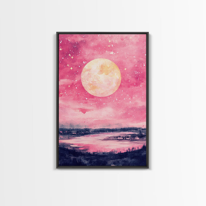 Moonlit Sky over Lake Framed Canvas Print, Pink Night Landscape Painting Coastal Wall Art, Minimalist Bedroom or Guest Room Decor