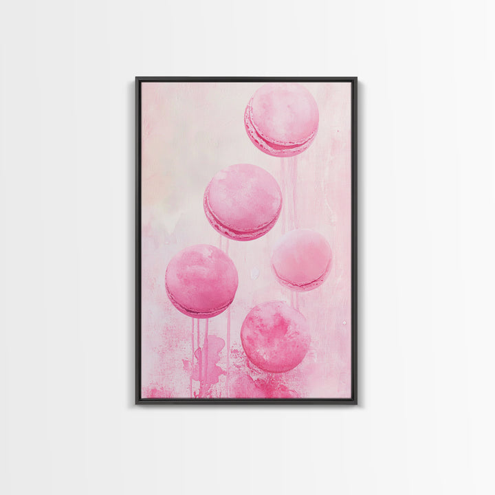Cute pink macarons whimsical kitchen framed canvas print food review dessert art playful pastel decor cozy gift idea fun wall art