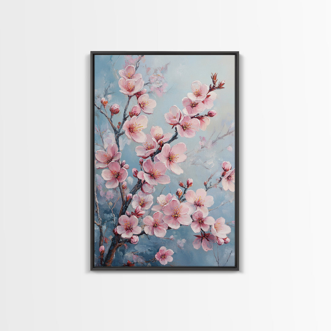 Cherry Blossom Painting Framed Canvas Print | Japanese Sakura Wall Art | Light Pink Wall Art Above Sofa Decor | Floral Nature Print