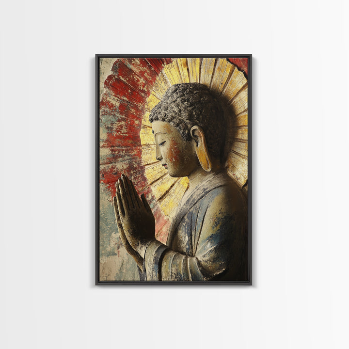 Buddha Prayer Sculpture Framed Canvas Print Zen Wall Art Rustic Decor Sacred Geometry Wall Art Therapy Art Living Room Art Buddha Art
