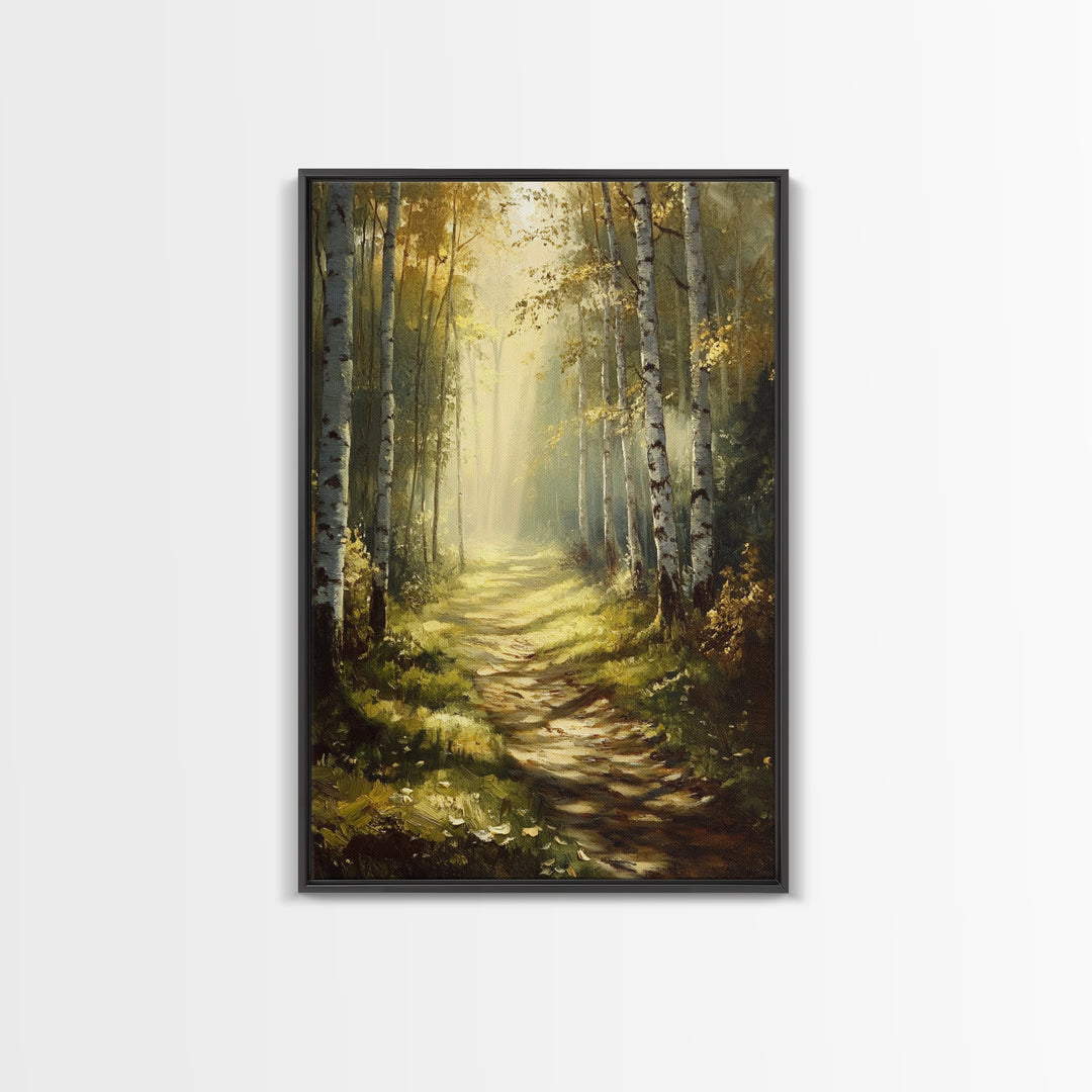 Birch Forest Path Framed Canvas Print Rustic Wall Art Farmhouse Wall Art Nature Landscape Art Above Bed Wall Art Fall Decor Living Room Art