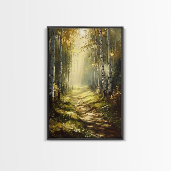 Birch Forest Path Framed Canvas Print Rustic Wall Art Farmhouse Wall Art Nature Landscape Art Above Bed Wall Art Fall Decor Living Room Art