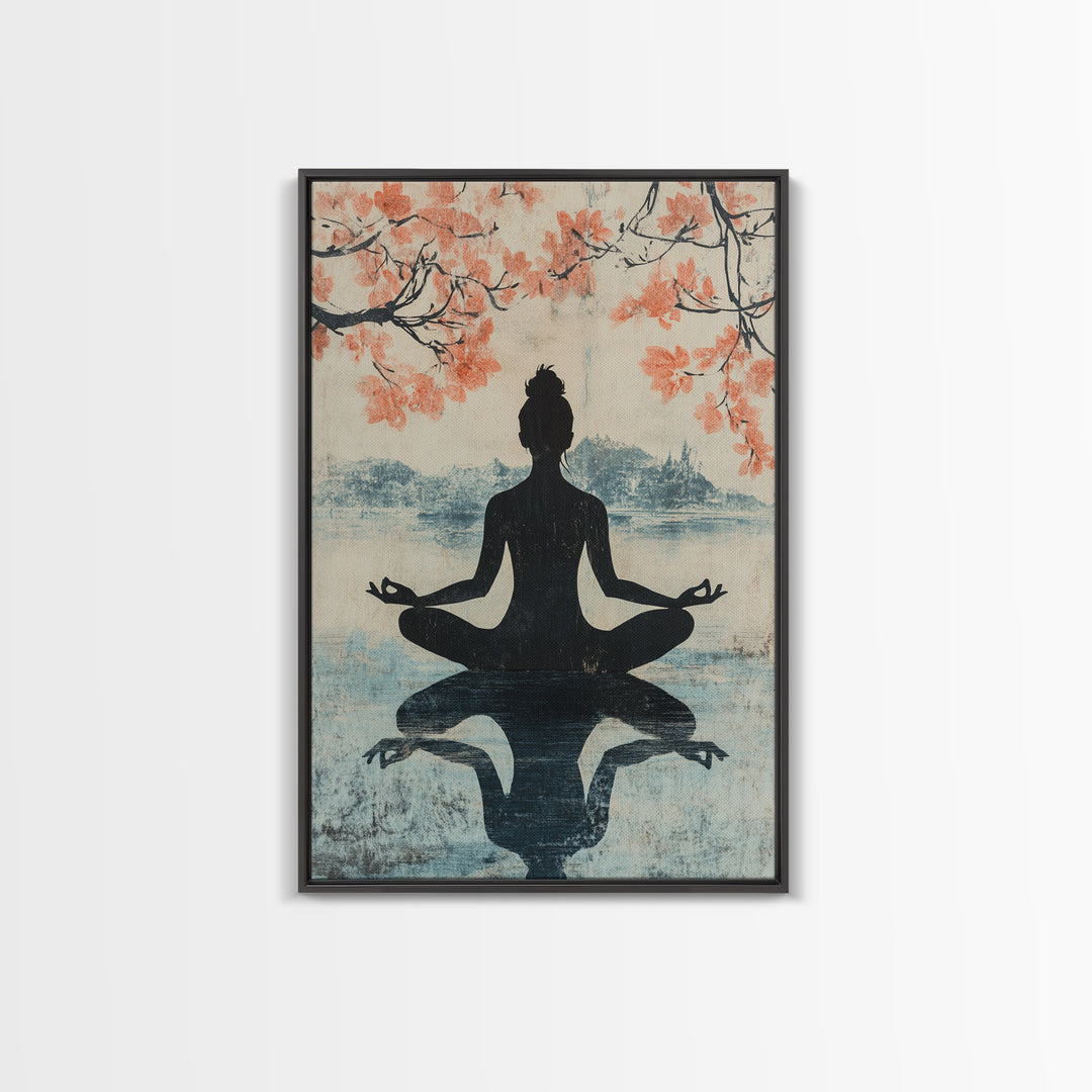 Cherry Blossom Canvas Print Featuring Zen Silhouette, Oriental Inspired Wabi Sabi Art, Minimalist Yoga Wall Art for Tranquility