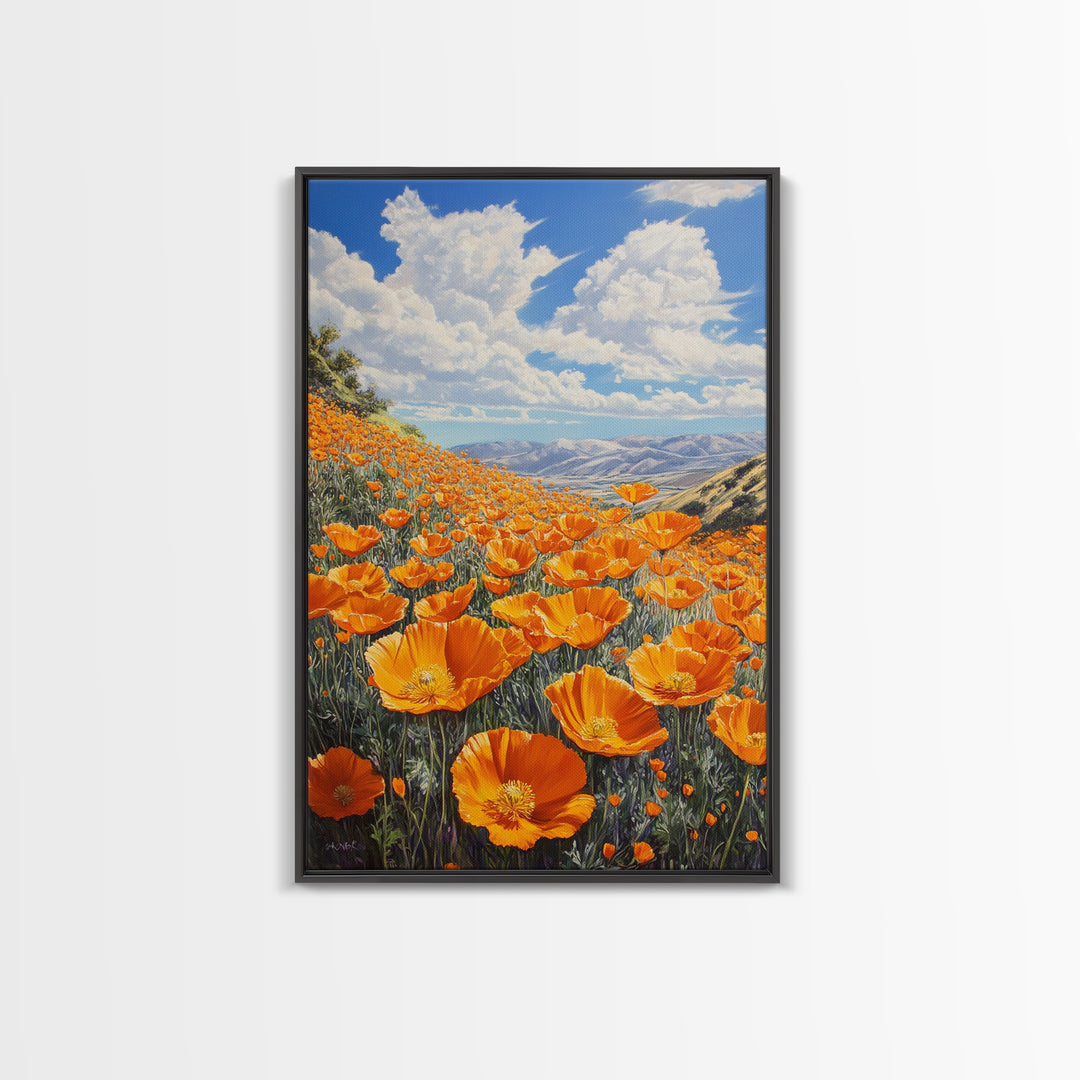 California Poppy Canvas Print with Vibrant Wildflower Painting, Rustic Living Room Art, Nature Landscape for Farmhouse Wall Decor