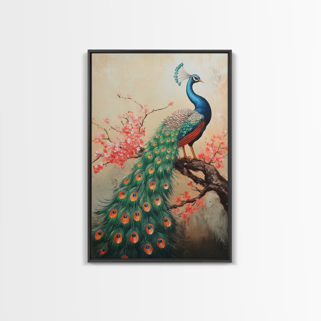 Peacock Canvas Print with Cherry Blossom Painting, Vibrant Oriental Art, Rustic Chinoiserie Wall Decor, Bold Statement Piece for Living Room