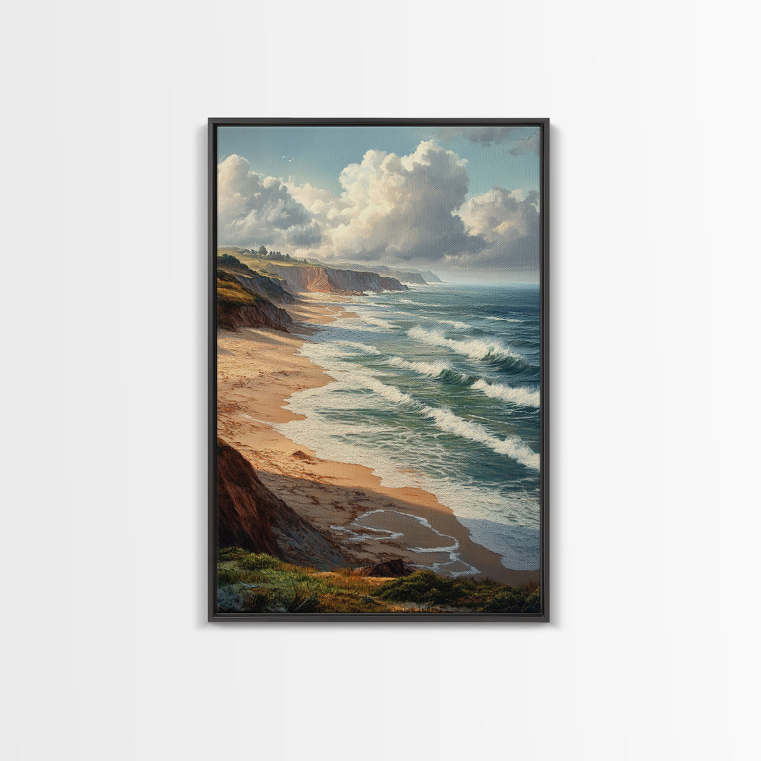 Coastal Seascape Framed Canvas Print Ocean Landscape Painting Cliffside Waves Art Nautical Coastal Decor Above Sofa Rustic Living Room Art