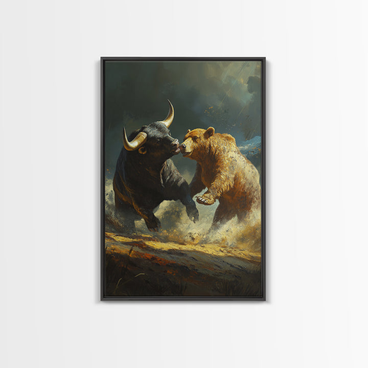 Bull and Bear Clash Framed Canvas Print Rustic Wall Art Gift Idea Financial Decor Wild Animals Artwork Moody Wall Art Rustic Living Room Decor