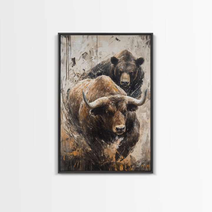Bull and Bear Dynamic Framed Canvas Print Rustic Wall Art Financial Market Theme Gift Idea Living Room Decor Unique Animal Artwork Rustic Art