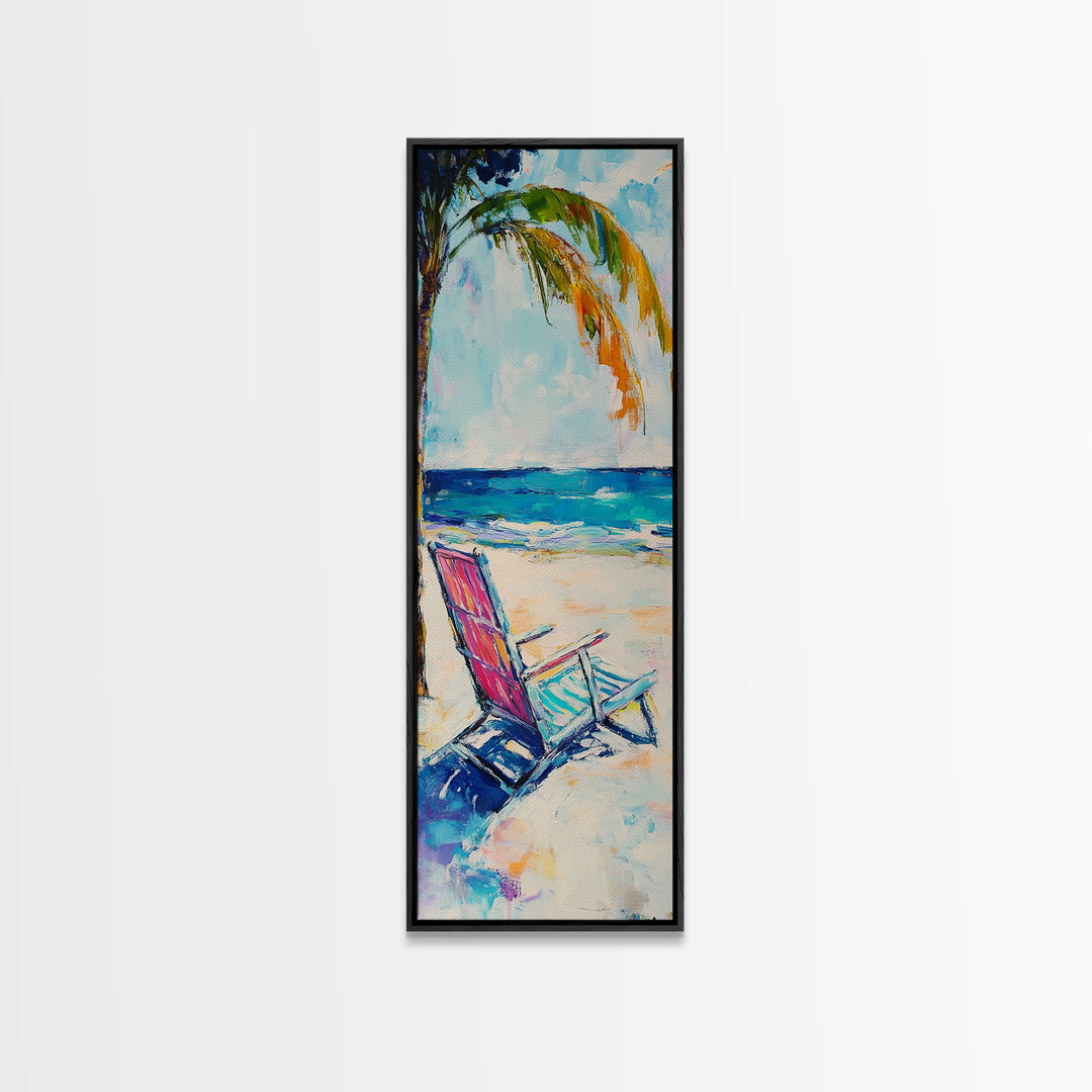 Beach Chair, Palm Tree, Coastal Wall Art, Seascape Painting, Nautical Decor, Coastal Wall Art, Framed Canvas Print, Living Room Art