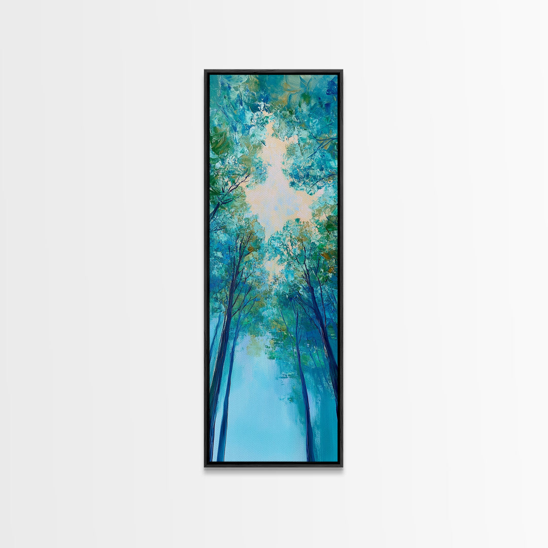 Canopy Trees, birch tree painting, botanical prints, nature wall art, green wall art, vertical wall art, Framed Canvas Print, above bed art