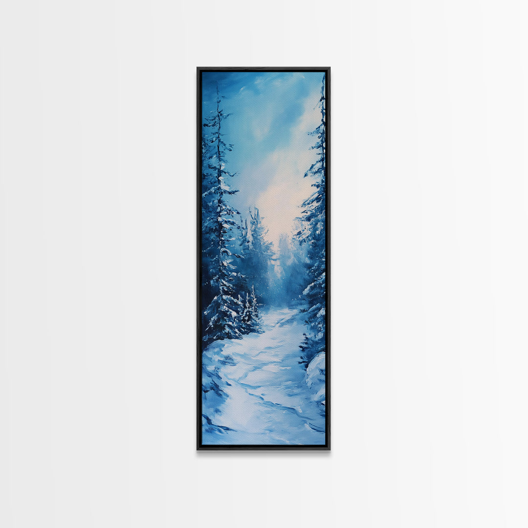 Winter Path, snowy pine tree art, moody art, Christmas wall art, wabi sabi art, landscape painting, Framed Canvas Print