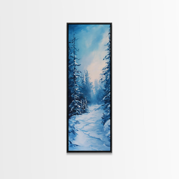 Winter Path, snowy pine tree art, moody art, Christmas wall art, wabi sabi art, landscape painting, Framed Canvas Print