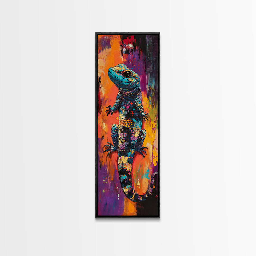 Colorful Lizard, whimsical art, chicano art, boho art, blotter art, psychedelic painting, extra wide art, Framed Canvas Print